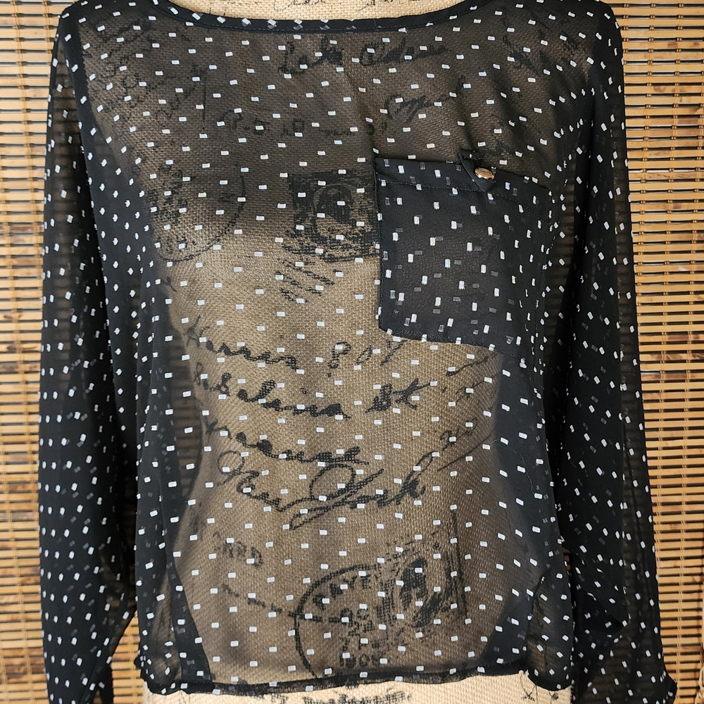 Elegant Black Sheer Graphic Long Sleeve Blouse